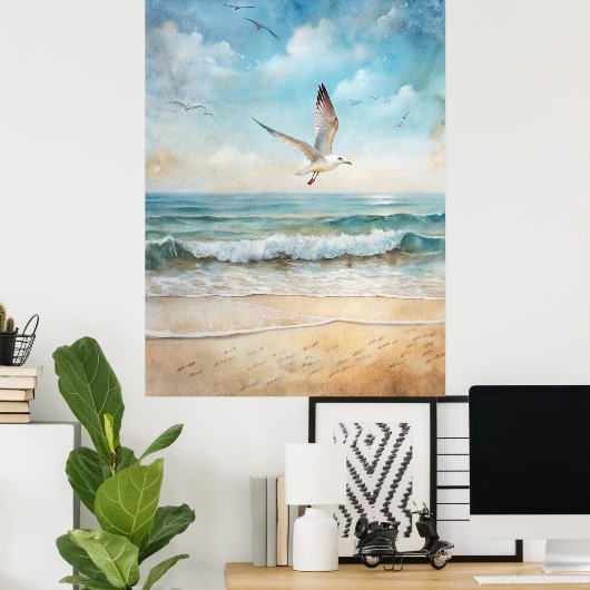 Zeemeeuwen die op een strand vliegen poster (Thuiskantoor)
