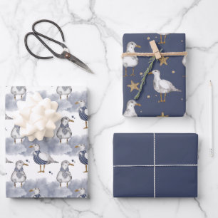 Zeemeeuwen en zeesterren Gold Stars Nautical Inpakpapier Vel