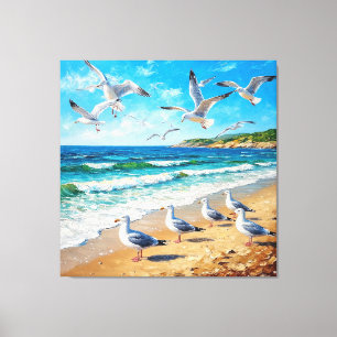 Zeemeeuwen op een kustlijn met oceaangolven canvas afdruk