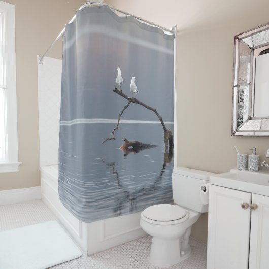 Zeemeeuwen Vogels Water Blauw Wit Vreedzaam Wildli Douchegordijn (In situ)