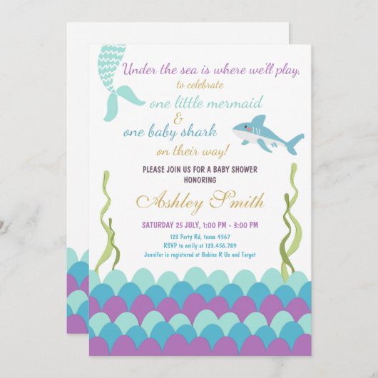 Zeemhaai onder het Zee Twins Baby shower Kaart (Voorkant / Achterkant)