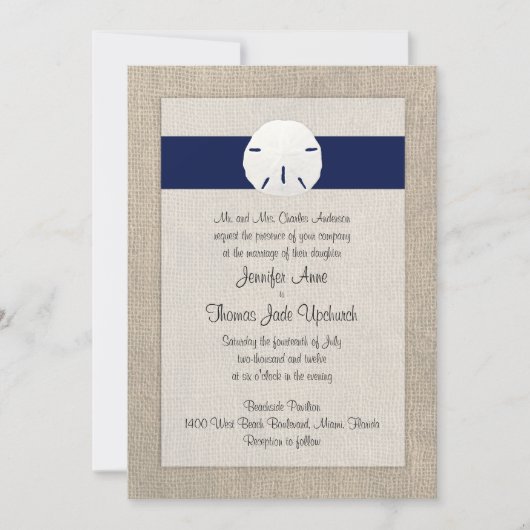 Zeemijl dollair Beach Wedding Invitation Navy Blue Kaart (Voorkant)
