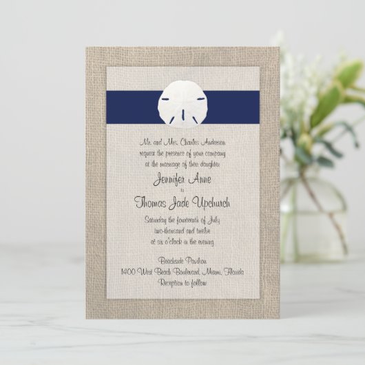 Zeemijl dollair Beach Wedding Invitation Navy Blue Kaart (Staand voorkant)