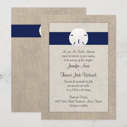 Zeemijl dollair Beach Wedding Invitation Navy Blue Kaart (Voorkant / Achterkant)