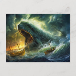 Zeemonster dat oprijst uit golven fantasieschilder briefkaart