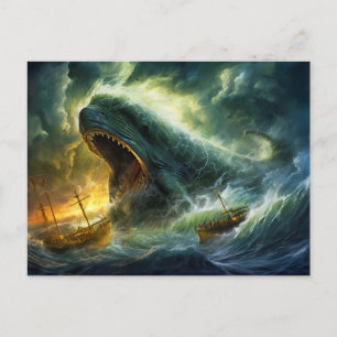 Zeemonster dat oprijst uit golven fantasieschilder briefkaart