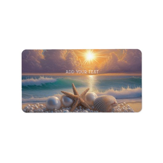 Zeeoever Oceaan Zonsondergang Schelpen Parels Etiket (Voorkant)