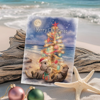Zeeotter Driftwood Boom Strand Kerstmis Feestdagenkaart