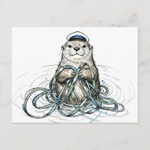 Zeeotter met kelp in marine inkt illustratie briefkaart