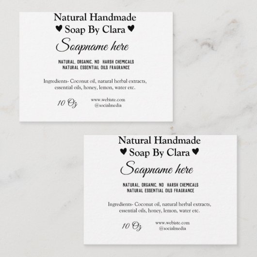Zeep Naam Gewicht Website Ingrediënten Details Tek Notitiekaartje (Voorkant / Achterkant)