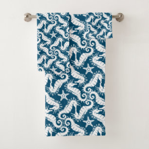 Zeepaard en zeeduivel - Blue Sealife Pattern Bad Handdoek