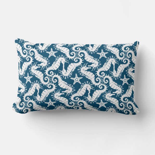 Zeepaard en zeeduivel - Blue Sealife Pattern Kussen (Voorkant)