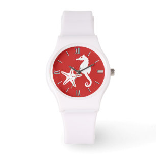 Zeepaard en zeester - donkerkoraal rood en wit horloge