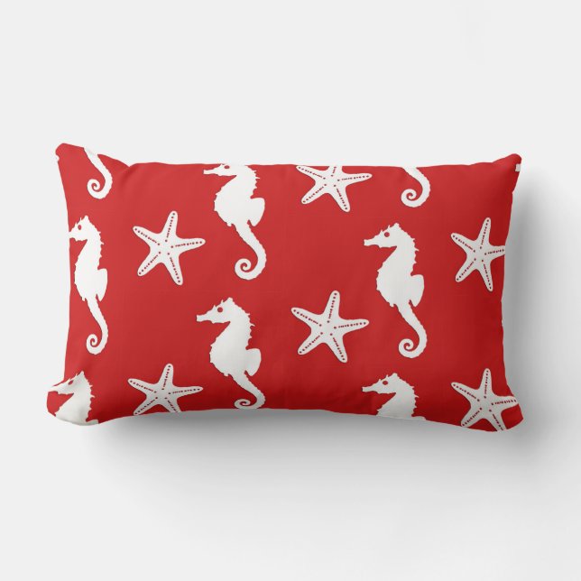 Zeepaard en zeester - donkerkoraal rood en wit kussen (Voorkant)