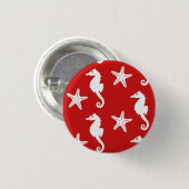 Zeepaard en zeester - donkerkoraal rood en wit ronde button 3,2 cm (Voorkant /achterkant)