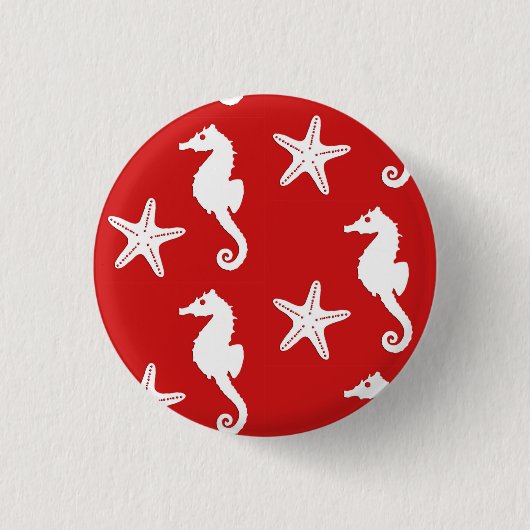 Zeepaard en zeester - donkerkoraal rood en wit ronde button 3,2 cm (Voorkant)