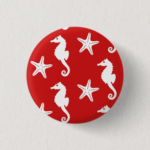 Zeepaard en zeester - donkerkoraal rood en wit ronde button 3,2 cm