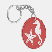 Zeepaard en zeester - donkerkoraal rood en wit sleutelhanger (Voorkant Links)