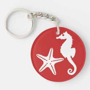 Zeepaard en zeester - donkerkoraal rood en wit sleutelhanger