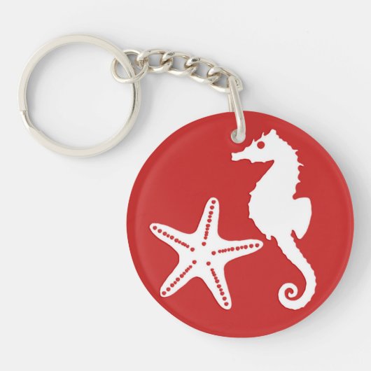 Zeepaard en zeester - donkerkoraal rood en wit sleutelhanger (Voorkant)