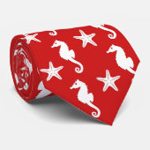 Zeepaard en zeester - donkerkoraal rood en wit stropdas (Opgerold)
