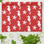 Zeepaard en zeester - donkerkoraal rood en wit theedoek (Gevouwen)
