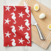 Zeepaard en zeester - donkerkoraal rood en wit theedoek (Quarter Fold)