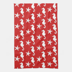 Zeepaard en zeester - donkerkoraal rood en wit theedoek