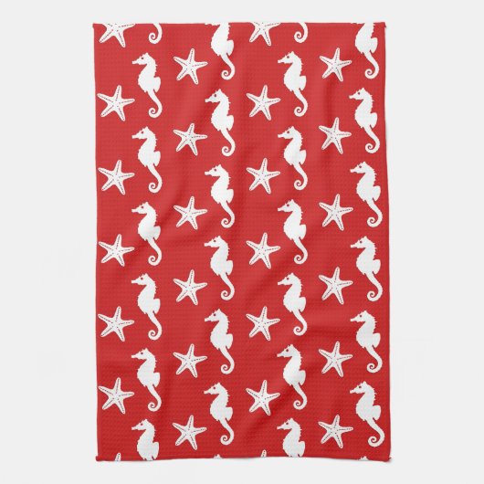 Zeepaard en zeester - donkerkoraal rood en wit theedoek (Verticaal)