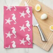 Zeepaard en zeester - koraalroze en wit theedoek (Quarter Fold)