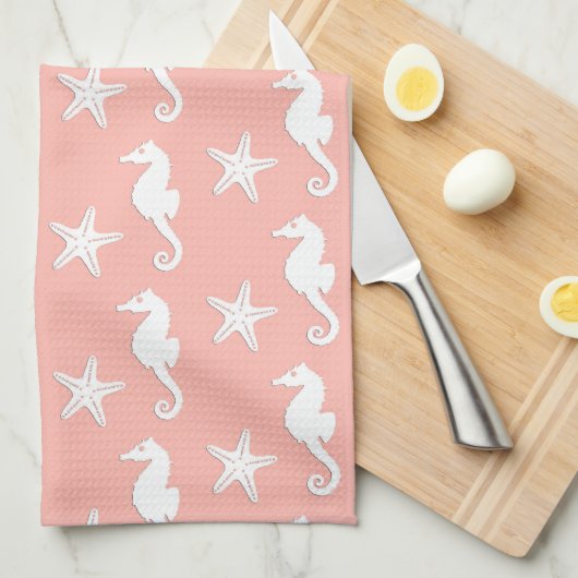 Zeepaard en zeester - Licht koraalroze Theedoek (Quarter Fold)