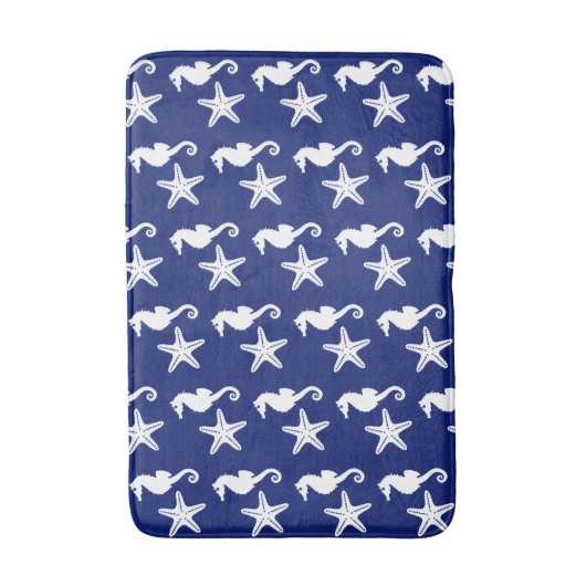 Zeepaard en zeester - marineblauw en wit badmat (Voorkant Verticaal)