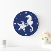 Zeepaard en zeester - marineblauw en wit grote klok (Huis)