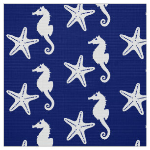 Zeepaard en zeester - marineblauw en wit stof