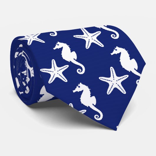 Zeepaard en zeester - marineblauw en wit stropdas (Opgerold)