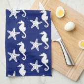 Zeepaard en zeester - marineblauw en wit theedoek (Quarter Fold)