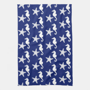 Zeepaard en zeester - marineblauw en wit theedoek