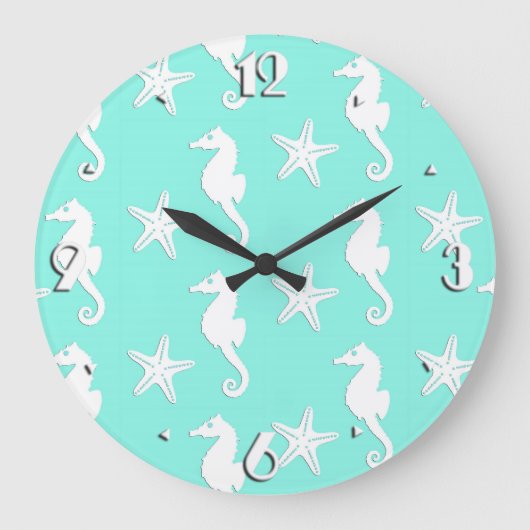 Zeepaard en zeester - wit op bleke aqua grote klok (Voorkant)