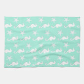 Zeepaard en zeester - wit op bleke aqua theedoek (Horizontaal)