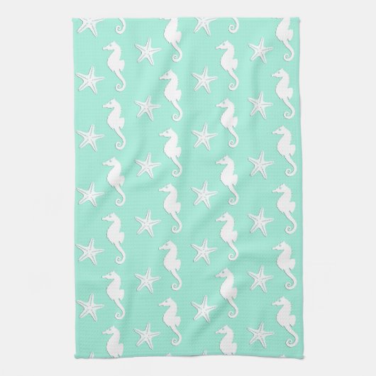 Zeepaard en zeester - wit op bleke aqua theedoek (Verticaal)