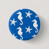 Zeepaard en zeester - wit op kobalblauw ronde button 3,2 cm (Voorkant)