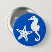 Zeepaard en zeester - wit op kobalblauw ronde button 7,6 cm (Voorkant /achterkant)
