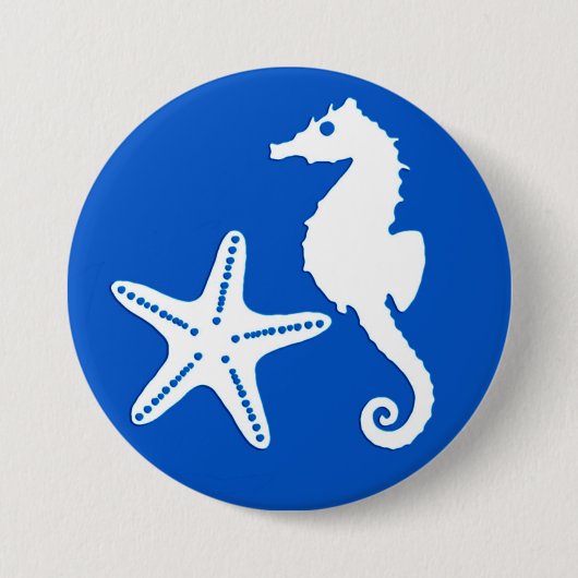 Zeepaard en zeester - wit op kobalblauw ronde button 7,6 cm (Voorkant)