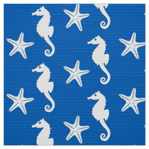 Zeepaard en zeester - wit op kobalblauw stof