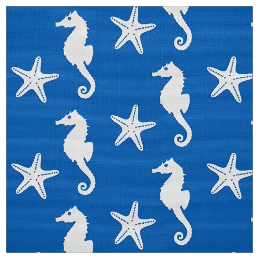 Zeepaard en zeester - wit op kobalblauw stof (Swatch)