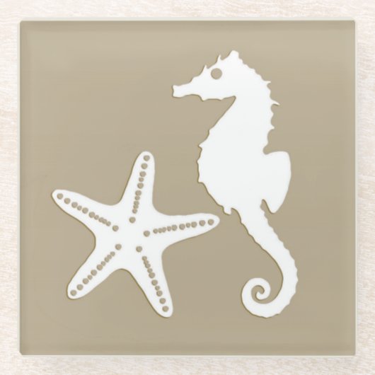 Zeepaard en zeester - wit op tauptan glazen onderzetter (Voorkant)