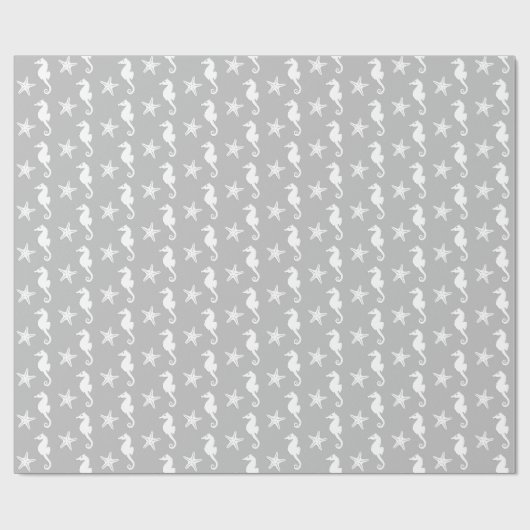 Zeepaard en zeester - wit op zilvergrijs cadeaupapier (Vlak)