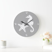 Zeepaard en zeester - wit op zilvergrijs grote klok (Huis)