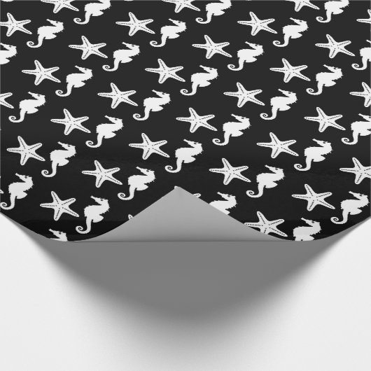 Zeepaard en zeester - wit op zwart cadeaupapier (Hoek)