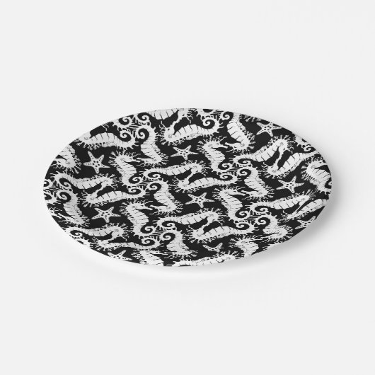 Zeepaard en zeester - zwart en wit patroon papieren bordje (Gekanteld)